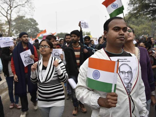 JNU students take out a march in support of JNUSU president who was sent to judicial custody. (Vipin Kumar/HT Photo) JNU students take out a march in support of JNUSU president who was sent to judicial custody. (Vipin Kumar/HT Photo)