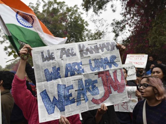 JNU students take out a march in support of JNUSU president who was sent to judicial custody. (Vipin Kumar/HT Photo) JNU students take out a march in support of JNUSU president who was sent to judicial custody. (Vipin Kumar/HT Photo)