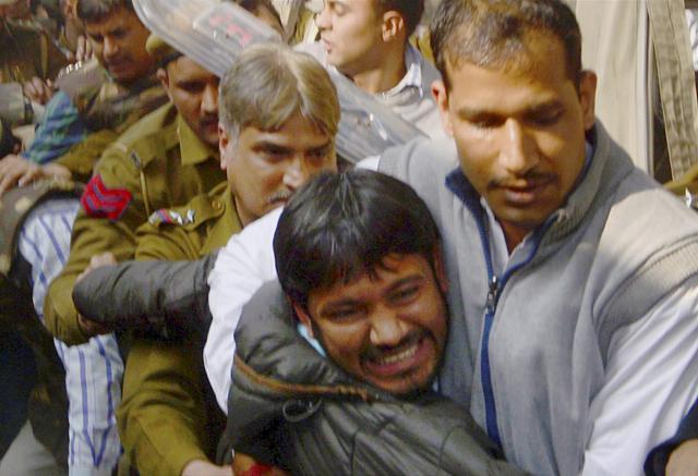 JNUSU President Kanhaiya Kumar, arrested on charges of sedition, being produced at Patiala House Courts in New Delhi. (PTI)
