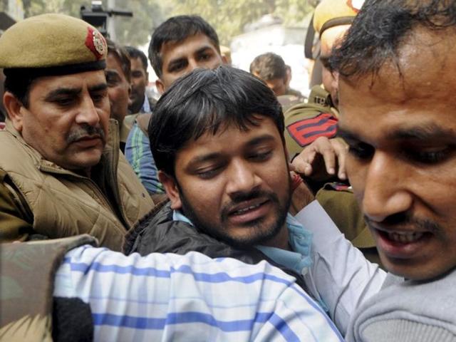 JNUSU President Kanhaiya Kumar, arrested on charges of sedition, being produced at Patiala House Courts in New Delhi on Wednesday.(PTI) JNUSU President Kanhaiya Kumar, arrested on charges of sedition, being produced at Patiala House Courts in New Delhi on Wednesday.(PTI)