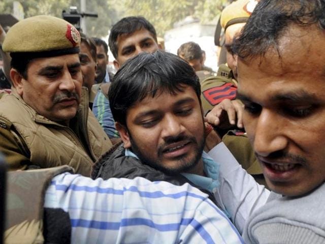 JNUSU President Kanhaiya Kumar, arrested on charges of sedition, being produced at Patiala House Courts in New Delhi on Wednesday.(PTI) JNUSU President Kanhaiya Kumar, arrested on charges of sedition, being produced at Patiala House Courts in New Delhi on Wednesday.(PTI)