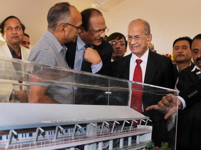 Metro Man E Sreedharan, Metro Rail managing director Brajesh Dixit (second from left) and others look at the model of a Metro station during the first foundation day of ‘Majhi Metro’ organised by Nagpur Metro Rail Corporation Ltd in Nagpur on Thursday. (PTI) Metro Man E Sreedharan, Metro Rail managing director Brajesh Dixit (second from left) and others look at the model of a Metro station during the first foundation day of ‘Majhi Metro’ organised by Nagpur Metro Rail Corporation Ltd in Nagpur on Thursday. (PTI)