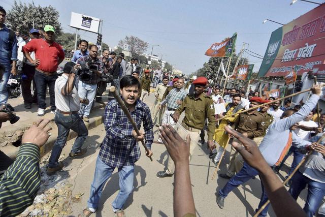 BJP activists clash with students agitating for the release of JNUSU president Kanhaiya Kumar in Patna on Thursday. (PTI) BJP activists clash with students agitating for the release of JNUSU president Kanhaiya Kumar in Patna on Thursday. (PTI)