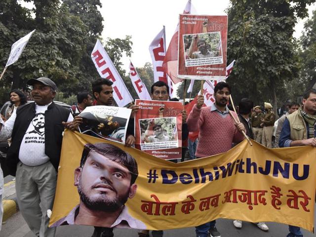 JNU students, professors and CPI party members protest for the release of JNUSU President Kanhaiya Kumar in New Delhi on Thursday, February 18, 2016.(Sanjeev Verma / HT Photo) JNU students, professors and CPI party members protest for the release of JNUSU President Kanhaiya Kumar in New Delhi on Thursday, February 18, 2016.(Sanjeev Verma / HT Photo)