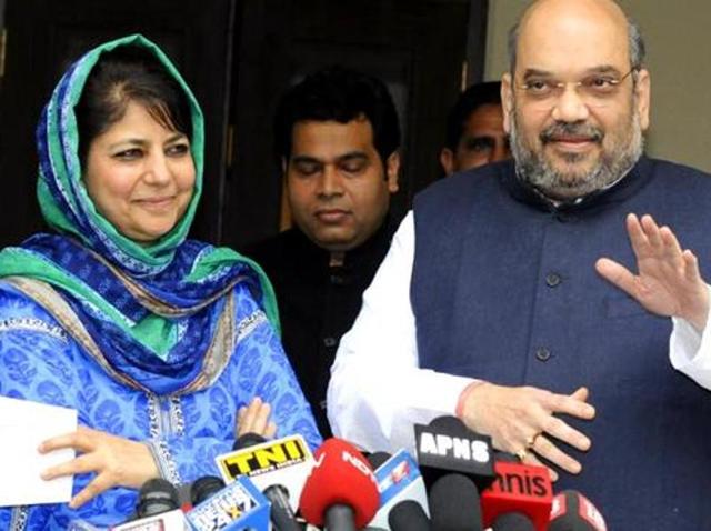 BJP president Amit Shah addresses the media after a meeting with PDP leader Mehbooba Mufti in New Delhi. (HT Photo) BJP president Amit Shah addresses the media after a meeting with PDP leader Mehbooba Mufti in New Delhi. (HT Photo)