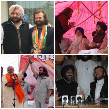 Clockwise from top left: Hans Raj Hans with PPCC chief Capt Amarinder Singh after joining the Congress in Chandigarh on Saturday; with deputy CM and ‘political guru’ Sukhbir Badal at a rally during his SAD days; with Sukhbir at a press conference some years ago; and with PM Narendra Modi during a SAD-BJP rally for the NDA combine. (HT File Photos)