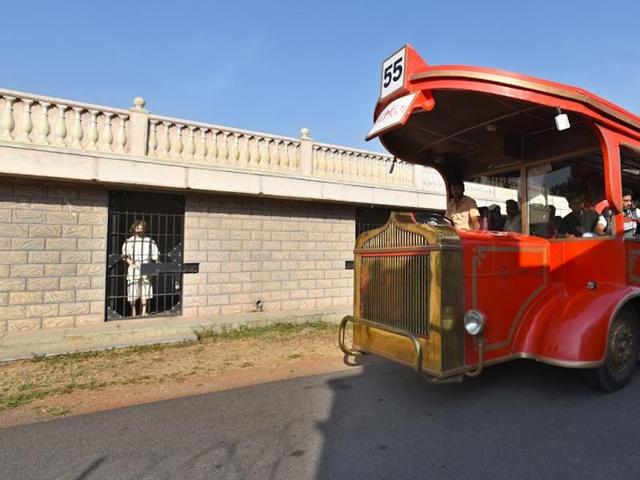 Tourists visit the ‘Jail Set’ where ‘threats’ are issued to visitors in three languages – Hindi, English and Telugu. (Photo: Raj K Raj/HT)