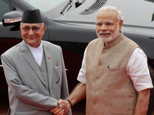 Nepal's Prime Minister Khadga Prasad Sharma Oli shakes hands with his Indian counterpart Narendra Modi ahead of their meeting at Hyderabad House in New Delhi on Friday. (Reuters) Nepal's Prime Minister Khadga Prasad Sharma Oli shakes hands with his Indian counterpart Narendra Modi ahead of their meeting at Hyderabad House in New Delhi on Friday. (Reuters)