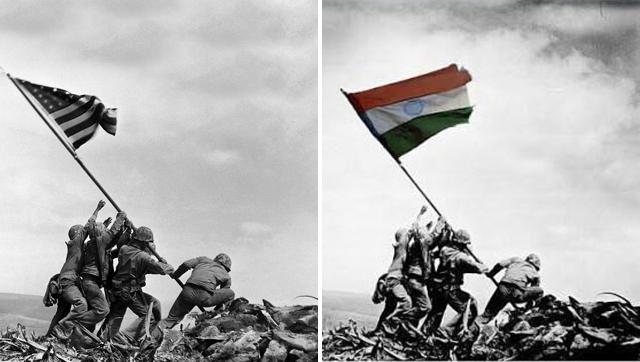 On the left is the original image of American soldiers at Iwo Jima, on the right is the photoshopped image that has been used on Kanhaiya’s account allegedly by hackers.
