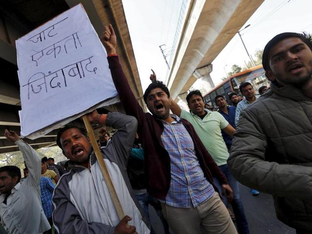 Demonstrators from the Jat community shout slogans during a protest in New Delhi.(REUTERS)