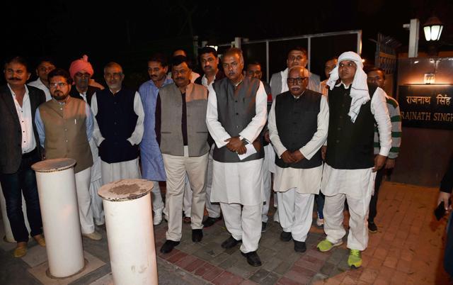 A delegation of the western UP and Delhi-NCR Jat community's leaders coming out after meeting with home minister Rajnath Singh in New Delhi on Saturday. (PTI) A delegation of the western UP and Delhi-NCR Jat community's leaders coming out after meeting with home minister Rajnath Singh in New Delhi on Saturday. (PTI)