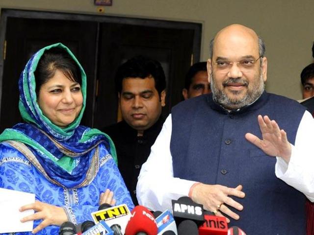 File photo of BJP president Amit Shah addressing the media after a meeting with PDP leader Mehbooba Mufti in New Delhi. (Sonu Mehta/HT Photo) File photo of BJP president Amit Shah addressing the media after a meeting with PDP leader Mehbooba Mufti in New Delhi. (Sonu Mehta/HT Photo)