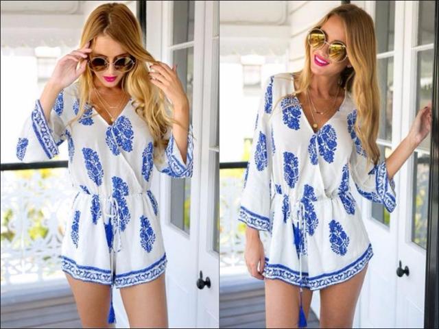 Look grown-up even in a playsuit with this trumpet sleeve surplice romper. This blue and white onesie features a surplice neckline and pair of trumpet sleeves for that cosy yet flirty vibe. It’s made of cotton blend so it’s perfect for play dates out in the sun. Also, it has an elastic waistline with a zip closure at the back. The gorgeous prints in this piece adds an adorable factor that you can’ resist. Enjoy quality time with the gang by pairing this with cute accessories and a pair of boots. (Pinterest) 