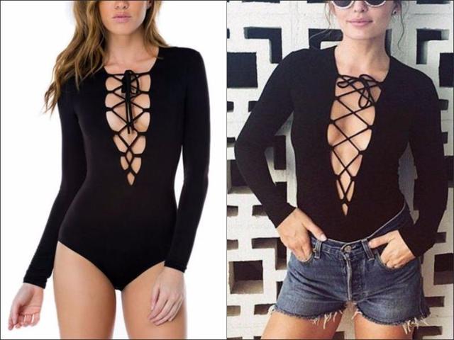 Tickle your fashion fancy by adding this black lace-up knit bodysuit in your wardrobe collection. It’s the newest addition to our collection not just because it can add a extra layer of warmth to your fall outfit, but it also has a plunging V neck with lace-up detailing and ribbed knit, five-snap closure at bottom, making it an alluring piece for an oh-so-hot look perfect for date nights or club parties. Pair this black lace-up bodysuit with form-fitting pants or skirts and a pair of stilettos.  (Pinterest) 
