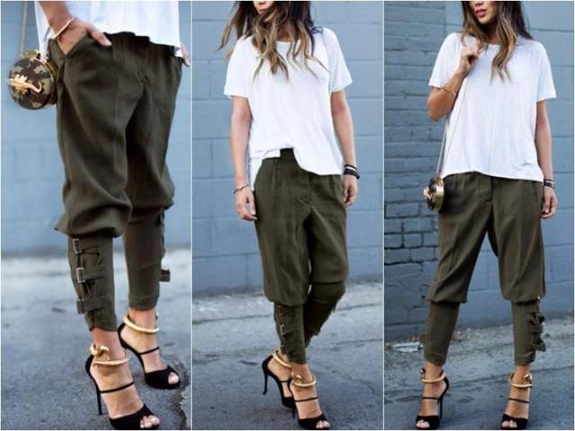 Party with the girls in your most comfortable garb by adding these buckled-hem army green harem pants in to your ensemble. By simply pairing these with stilettos, a loose-fitting crop top and a structured crossover mini bag, these non-stretchable pants with side pockets can throw some punch in the style department. And if you’re going for that laidback look, pair these army green harem pants with sneakers, a square top, and you’re all set.  (Pinterest) 