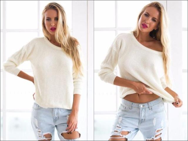 One of the things you’ll love about this cream one-shoulder sweater is that you can wear it for all seasons, whether on a cold summer day or chilly winter evening. It can be worn with fitted jeans or cutoff shorts and paired with boots or pumps. It has ribbed knit design around its scoop neck, sleeve cuffs and bottom hem. This one-shoulder knit sweater will be one of the best additions to your closet. (Pinterest) 