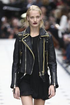 A leather biker jacket brings edgy attitude to the little black dress at Burberry Prorsum. A model presents a creation during the Burberry Prorsum spring / summer 2016 collection show at London Fashion Week in London on September 21, 2015. (AFP) A leather biker jacket brings edgy attitude to the little black dress at Burberry Prorsum. A model presents a creation during the Burberry Prorsum spring / summer 2016 collection show at London Fashion Week in London on September 21, 2015. (AFP)