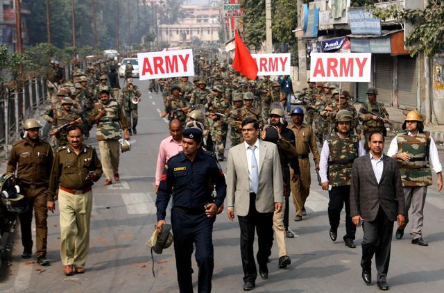 Indian Army and security personnel patrol following fatal protests in Rohtak. (AFP Photo) Indian Army and security personnel patrol following fatal protests in Rohtak. (AFP Photo)