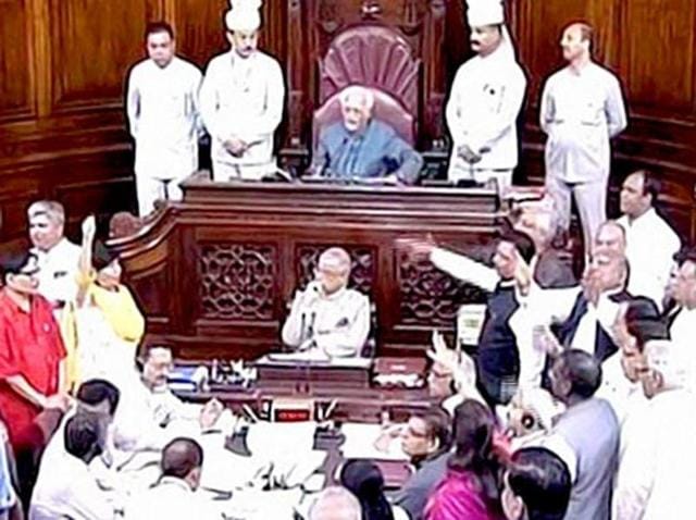 Members of the Rajya Sabha in uproar over the Goods and Services Tax Bill, during the 2015 winter session. In a bid to avoid a repeat performance, vice-president Hamid Ansari has called for an all-party meet to ensure peace in Parliament prior to the Budget session. (PTI Photo) Members of the Rajya Sabha in uproar over the Goods and Services Tax Bill, during the 2015 winter session. In a bid to avoid a repeat performance, vice-president Hamid Ansari has called for an all-party meet to ensure peace in Parliament prior to the Budget session. (PTI Photo)