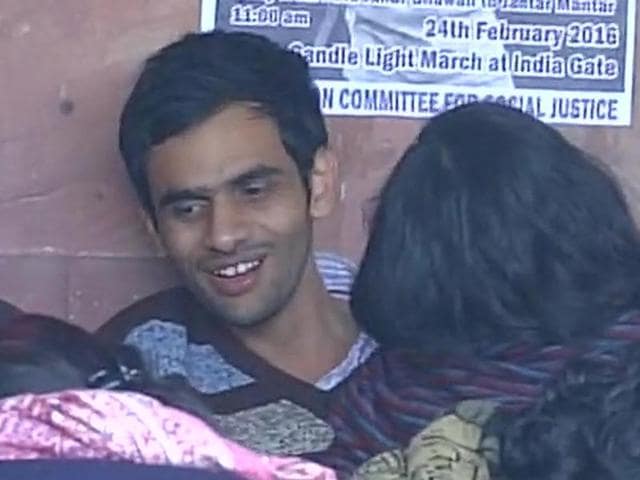 Umar Khalid and four other JNU students facing charges of sedition returned to the campus on Sunday night.(ANI Photo)