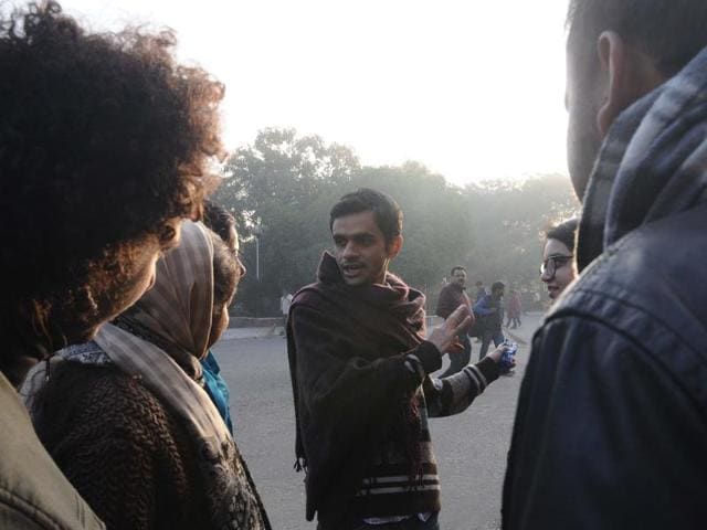 Umar Khalid (centre) interacts with students at the JNU campus. (HT Photo) Umar Khalid (centre) interacts with students at the JNU campus. (HT Photo)