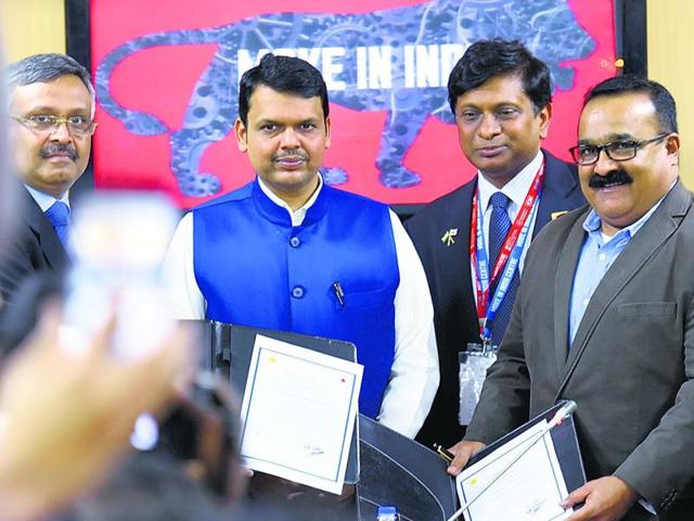 CM Devendra Fadnavis after signing MoUs at the Make In India Week on Wednesday. (Kunal Patil/HT photo) CM Devendra Fadnavis after signing MoUs at the Make In India Week on Wednesday. (Kunal Patil/HT photo)