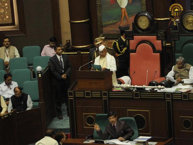 Governor Ram Naresh Yadav addressing the House on the first day of assembly’s budget session in Bhopal on Tuesday. (Praveen Bajpai/ HT photo) Governor Ram Naresh Yadav addressing the House on the first day of assembly’s budget session in Bhopal on Tuesday. (Praveen Bajpai/ HT photo)