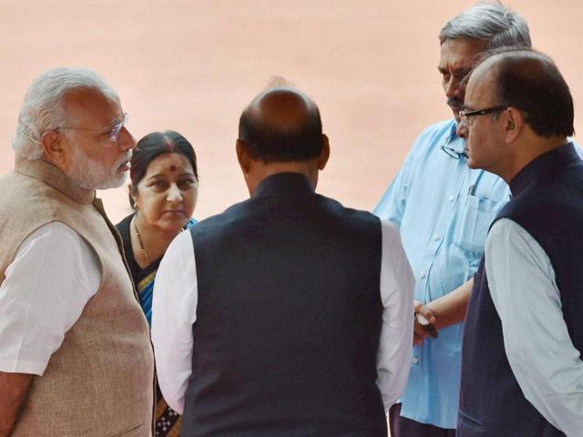 Prime minister Narendra Modi with home minister Rajnath Singh, external affairs minister Sushma Swaraj, finance minister Arun Jaitley and defence minister Manohar Parrikar at Rashtrapati Bhavan in New Delhi . (PTI) Prime minister Narendra Modi with home minister Rajnath Singh, external affairs minister Sushma Swaraj, finance minister Arun Jaitley and defence minister Manohar Parrikar at Rashtrapati Bhavan in New Delhi . (PTI)