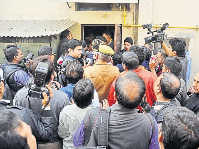 Police and media personnel outside the residence of the victim on the day after the abduction. A police officer said a gunner has been provided there for her family’s security. (HT File Photo) Police and media personnel outside the residence of the victim on the day after the abduction. A police officer said a gunner has been provided there for her family’s security. (HT File Photo)