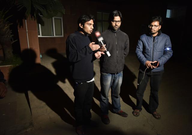 Left to Right- Rama Naga, Ashutosh and Anant the JNU students who conducted a cultural event to commemorate Parliament attack convict Afzal Guru's hanging, and was believed to have absconded.at JNU Campus, in New Delhi, India, on Tuesday , February 23, 2016.(Hindustan Times) Left to Right- Rama Naga, Ashutosh and Anant the JNU students who conducted a cultural event to commemorate Parliament attack convict Afzal Guru's hanging, and was believed to have absconded.at JNU Campus, in New Delhi, India, on Tuesday , February 23, 2016.(Hindustan Times)