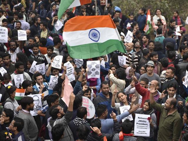 JNU march in support of JNUSU president Kanhaiya Kumar.(Vipin Kumar/ HT Photo)