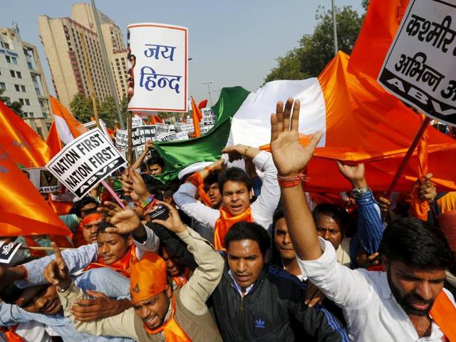 Activists from the right-wing Indian student organisation Akhil Bharatiya Vidyarthi Parishad (ABVP) listen to a speech of their leaders at a protest against students from Jawaharlal Nehru University (JNU). (AFP Photo) Activists from the right-wing Indian student organisation Akhil Bharatiya Vidyarthi Parishad (ABVP) listen to a speech of their leaders at a protest against students from Jawaharlal Nehru University (JNU). (AFP Photo)