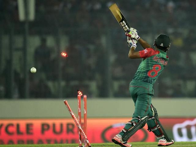 Bangladesh’s Mohammad Mithun is bowled by Nehra. (AFP Photo) Bangladesh’s Mohammad Mithun is bowled by Nehra. (AFP Photo)