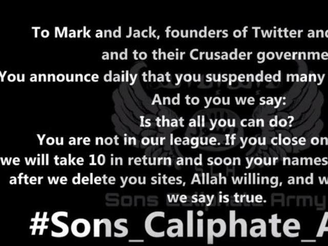 Slide from video issued by Islamic State-linked group of hackers that threatens Facebook CEO Mark Zuckerberg and Twitter co-founder Jack Dorsey. (Vocativ) Slide from video issued by Islamic State-linked group of hackers that threatens Facebook CEO Mark Zuckerberg and Twitter co-founder Jack Dorsey. (Vocativ)