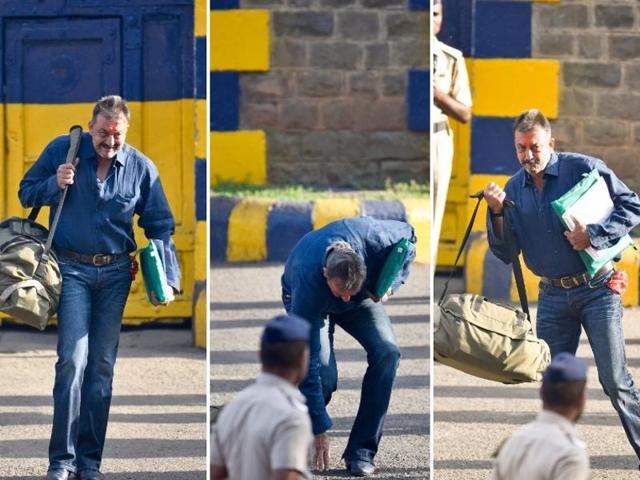 The disgraced star kissed the ground as he walked free from the jail, after authorities decided to release him ahead of schedule for good behaviour. (Satish Bate/HT Photo) 