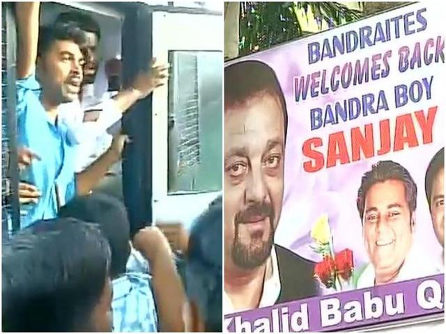 Left: Protesters were detained from outside Yerawada Jail. Right: Posters welcoming back Sanjay Dutt have been put up outside his house. (ANI) Left: Protesters were detained from outside Yerawada Jail. Right: Posters welcoming back Sanjay Dutt have been put up outside his house. (ANI)