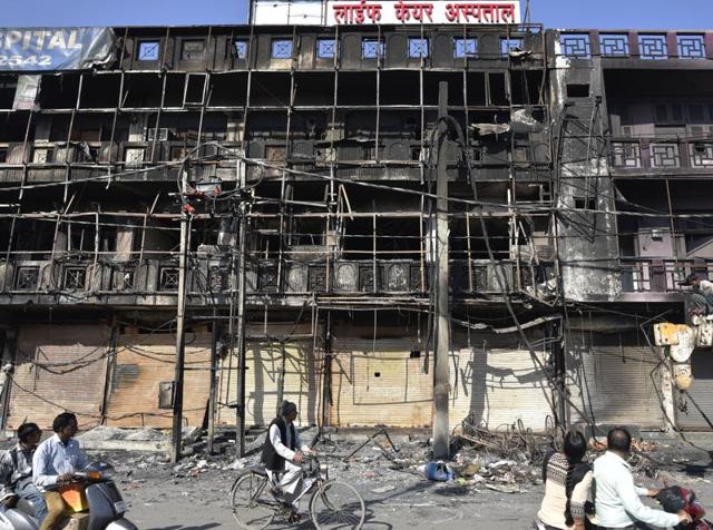 A view of the burnt Life Care Hospital after Jat protests for reservation in government services in Rohtak, Haryana, on Tuesday, February 23, 2016.(Ravi Choudhary / HT Photo)