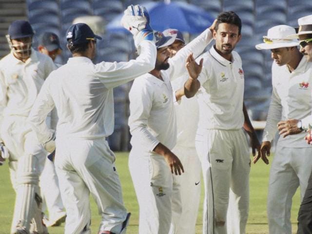 Mumbai players celebrates after dismissing Saurashtra batsman during Ranji Trophy Final match.(PTI Photo)