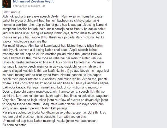A screen grab of Zeeshan’s Facebook post.