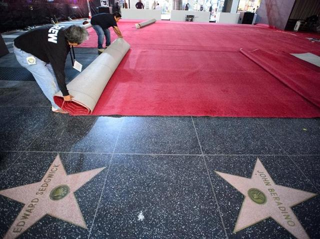 The Hollywood Walk of Fame getting covered in carpet. (Facebook) 