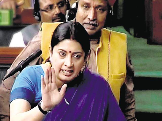 HRD Minister Smriti Irani speaks in the Rajya Sabha in New Delhi on Thursday.(PTI)