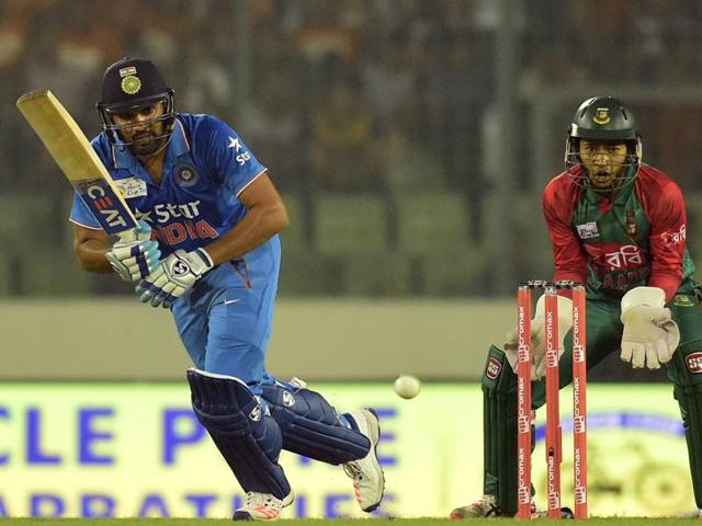 Rohit Sharma plays a shot during a Twenty20 cricket match between India and Bangladesh for the Asia Cup. (AFP Photo) Rohit Sharma plays a shot during a Twenty20 cricket match between India and Bangladesh for the Asia Cup. (AFP Photo)
