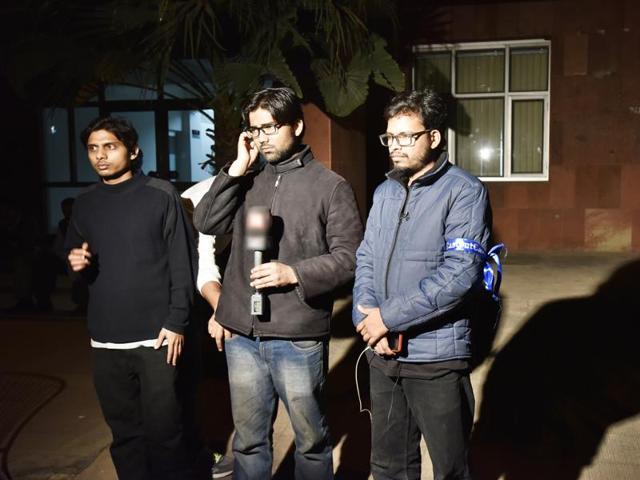 Rama Naga (left), Ashutosh (centre) and Anant interact with the media at the JNU campus.(Sanjeev Verma/HT Photo) Rama Naga (left), Ashutosh (centre) and Anant interact with the media at the JNU campus.(Sanjeev Verma/HT Photo)
