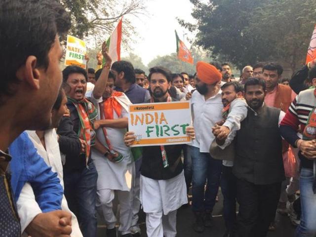 The protest march was led by the Bharatiya Janata Party member of parliament and BJP youth wing president Anurag Thakur