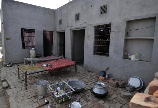 Empty house of farmer Nirvair Singh during the visit of Delhi CM Arvind Kejriwal. (Ravi Kumar/HT)