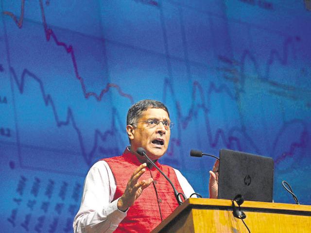 Chief economic adviser Arvind Subramanian during a press conference on the Economic Survey, in New Delhi on Friday.(PTI)