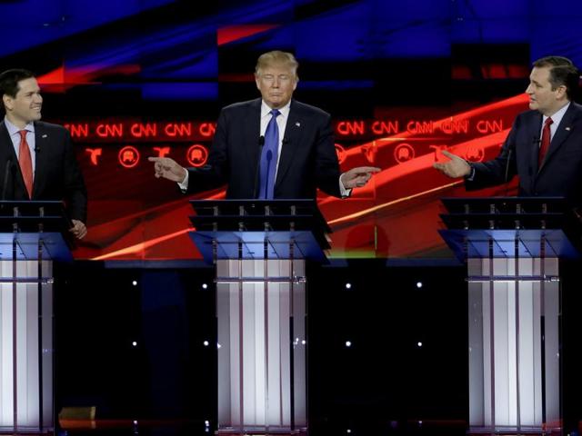 (From left) Marco Rubio, Donald Trump and Ted Cruz at the Republican debate on Thursday night. (AP Photo) (From left) Marco Rubio, Donald Trump and Ted Cruz at the Republican debate on Thursday night. (AP Photo)
