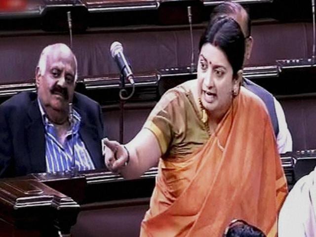 TV grab of HRD Minister Smriti Irani speaks in the Rajya Sabha in New Delhi on Friday. (PTI) TV grab of HRD Minister Smriti Irani speaks in the Rajya Sabha in New Delhi on Friday. (PTI)