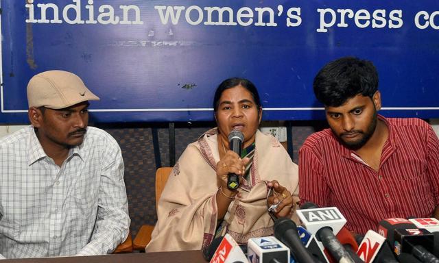 NDalit research scholar Rohith Vemula's mother Radhika and his brother (L) with Prasanth Dontha, a student expelled from Hyderabad University, at a press conference in New Delhi on Friday. (PTI) NDalit research scholar Rohith Vemula's mother Radhika and his brother (L) with Prasanth Dontha, a student expelled from Hyderabad University, at a press conference in New Delhi on Friday. (PTI)