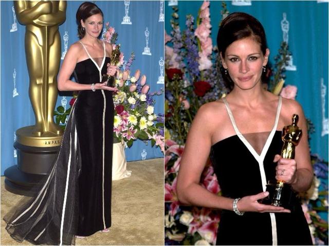 Julia Roberts brought back Old Hollywood glamour in this black-and-white Vintage Valentino dress in 2001. (Pinterest)